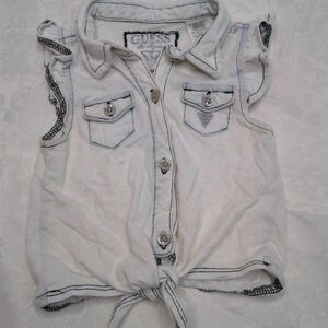 Guess Toddler Girl Ruffle Sleeve Button Up Top Cotton Blue Tie Embellished 24M